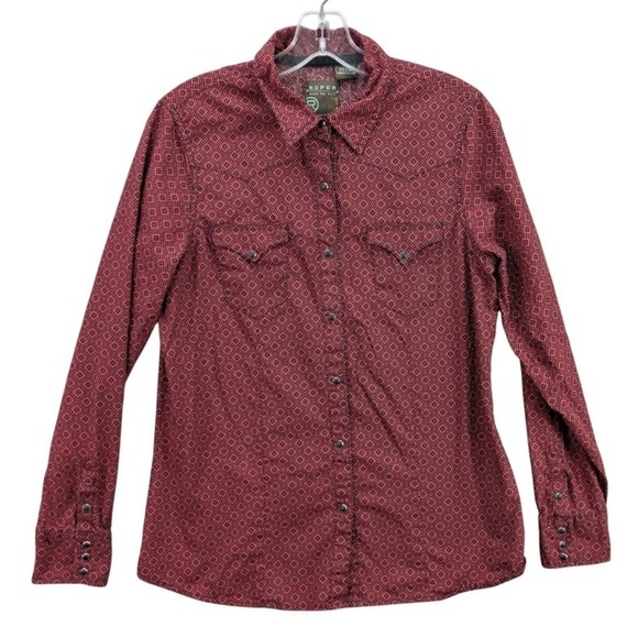 Roper Women's Geometric Shirt Size M Rodeo Pearl Snap Western Maroon 100% Cotton - Picture 1 of 11